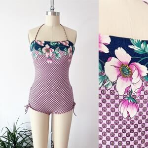 SIZE M/L 1970s Halter Tie Floral Swim Maillot Swimsuit One Piece Bathing Suit